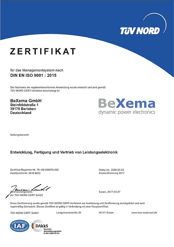 ISO 9001 Zertifikat der BeXema GmbH